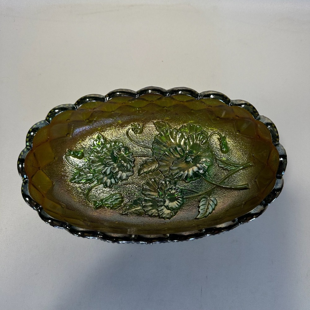 Vintage Imperial Carnival Glass Green Floral Pansy Oval Footed Bowl Serving Dish - Picture 3 of 7